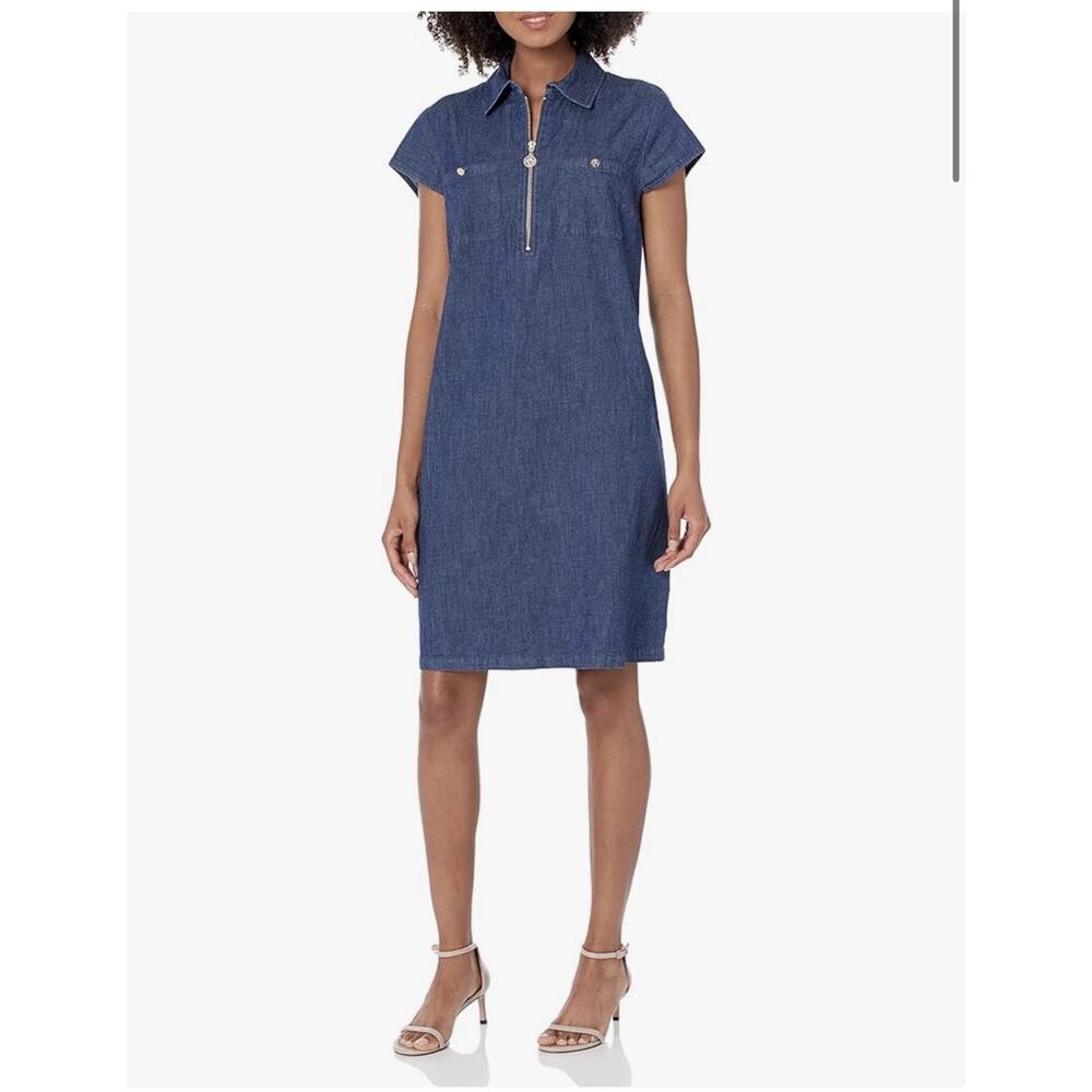 Anne Klein Womens Dress Sz 10 Marcella Denim Chambray Jean Half Zip Y2K